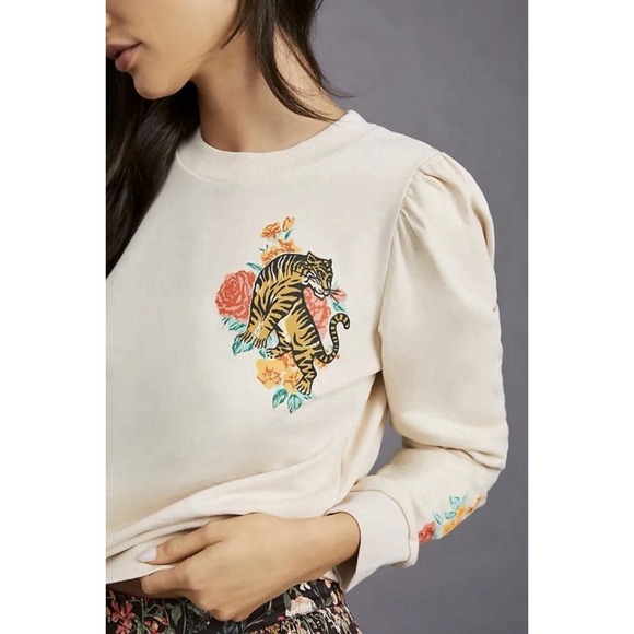 Anthropologie Back When Tiger Floral Sweatshirt Puff Sleeve Cotton S - Picture 2 of 11